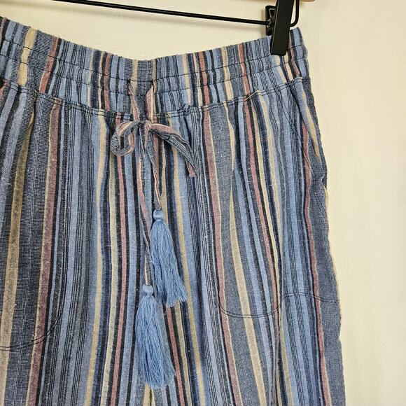 Mododoc Wide Leg Ankle Length Pull On Pants XS Blue Stripe Raw Hem Lagenlook - Picture 2 of 7